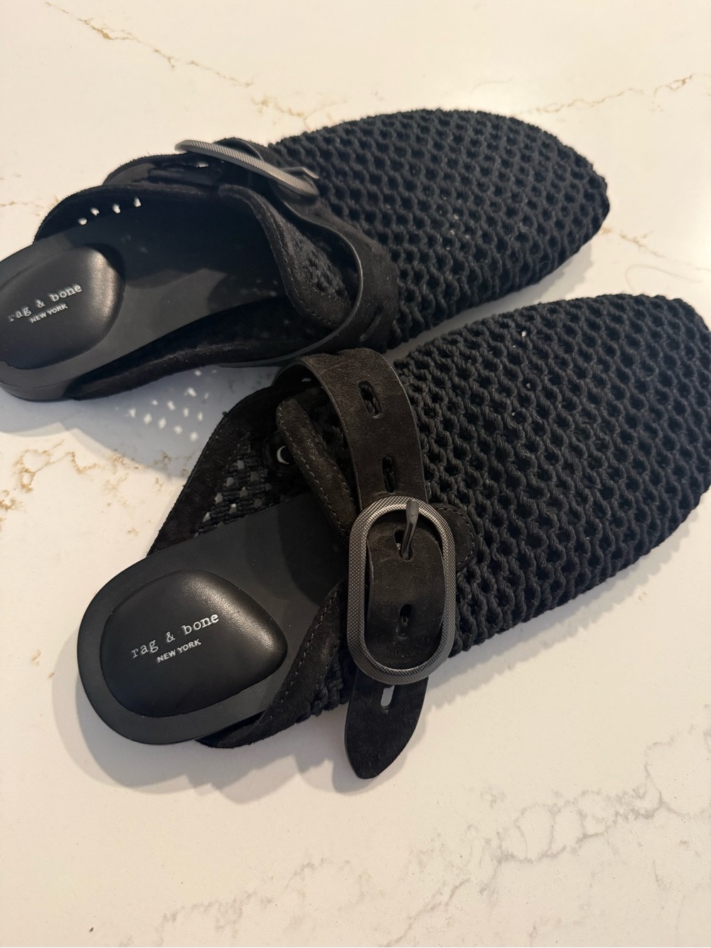 rag & bone Black Knit Buckle Slip-On Mules